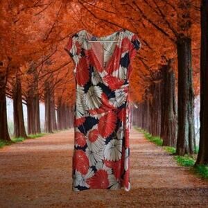 Evan-Picone 12 NWOT cap sleeve , faux wrap, black, orange, white dress. Fall